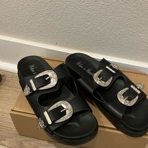 Helen’s Heart leather slides with western silver buckle closure worn  once